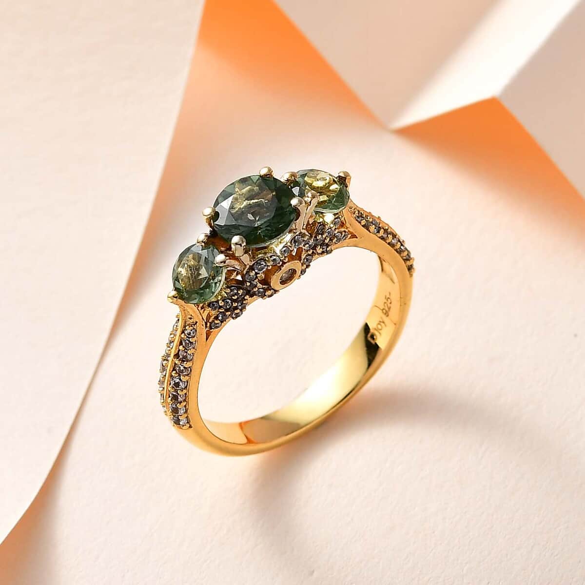 Tanzanian Natural Green Apatite, White Zircon Ring in Vermeil YG Over Sterling Silver (Size 10.0) 2.40 ctw image number 1