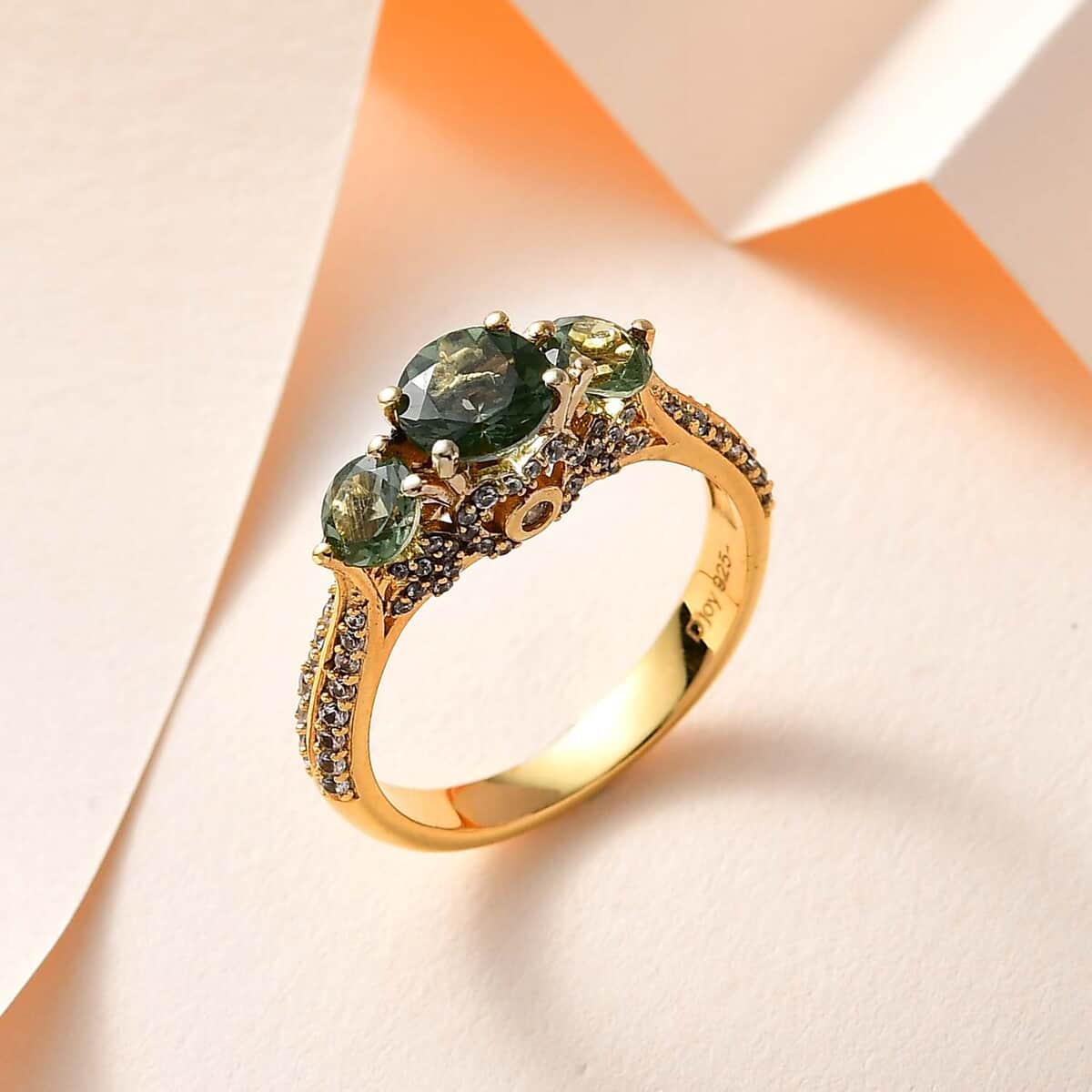 Tanzanian Natural Green Apatite and White Zircon Ring in Vermeil Yellow Gold Over Sterling Silver (Size 5.0) 2.40 ctw image number 1