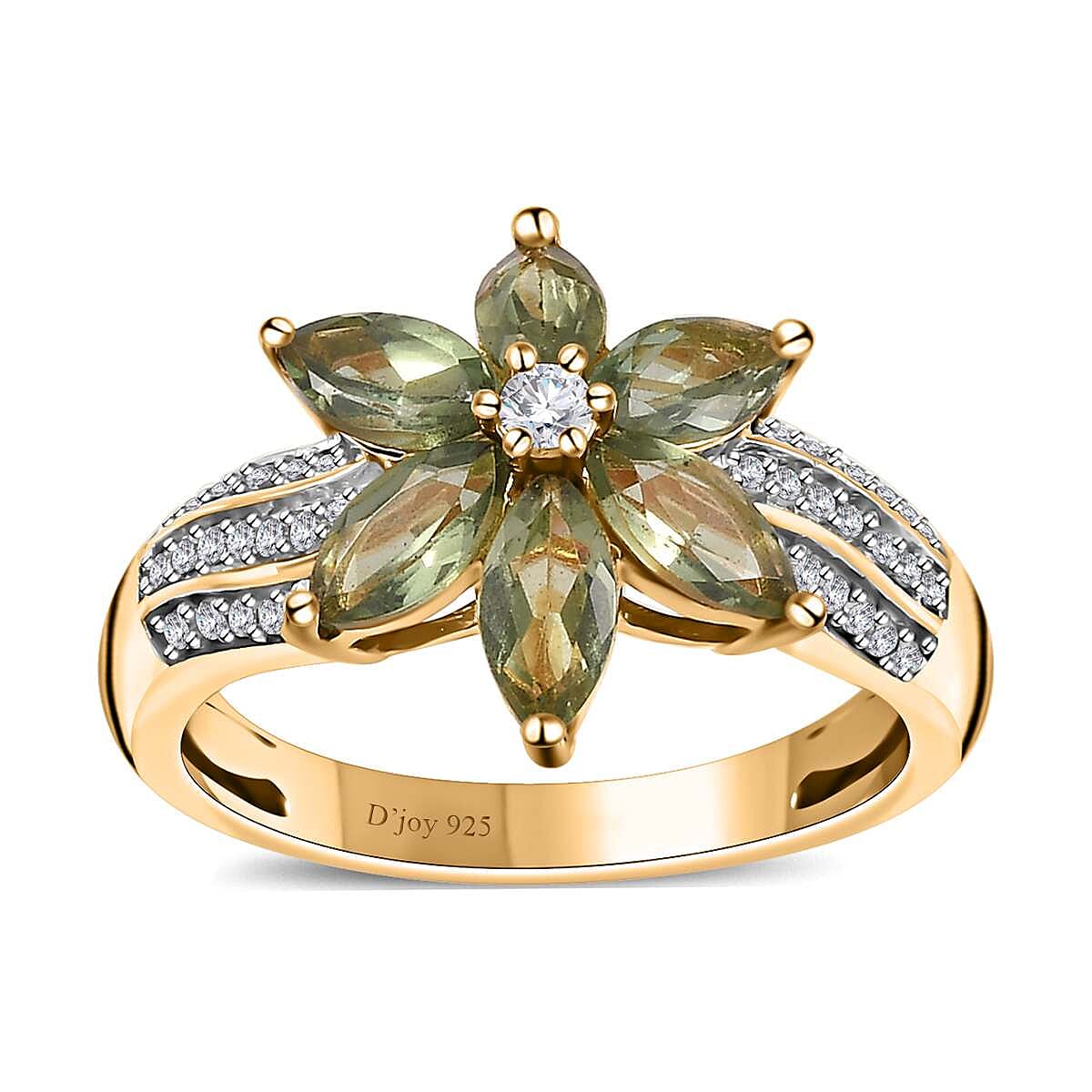 Tanzanian Natural Green Apatite and White Zircon Floral Ring in Vermeil Yellow Gold Over Sterling Silver (Size 10.0) 1.70 ctw