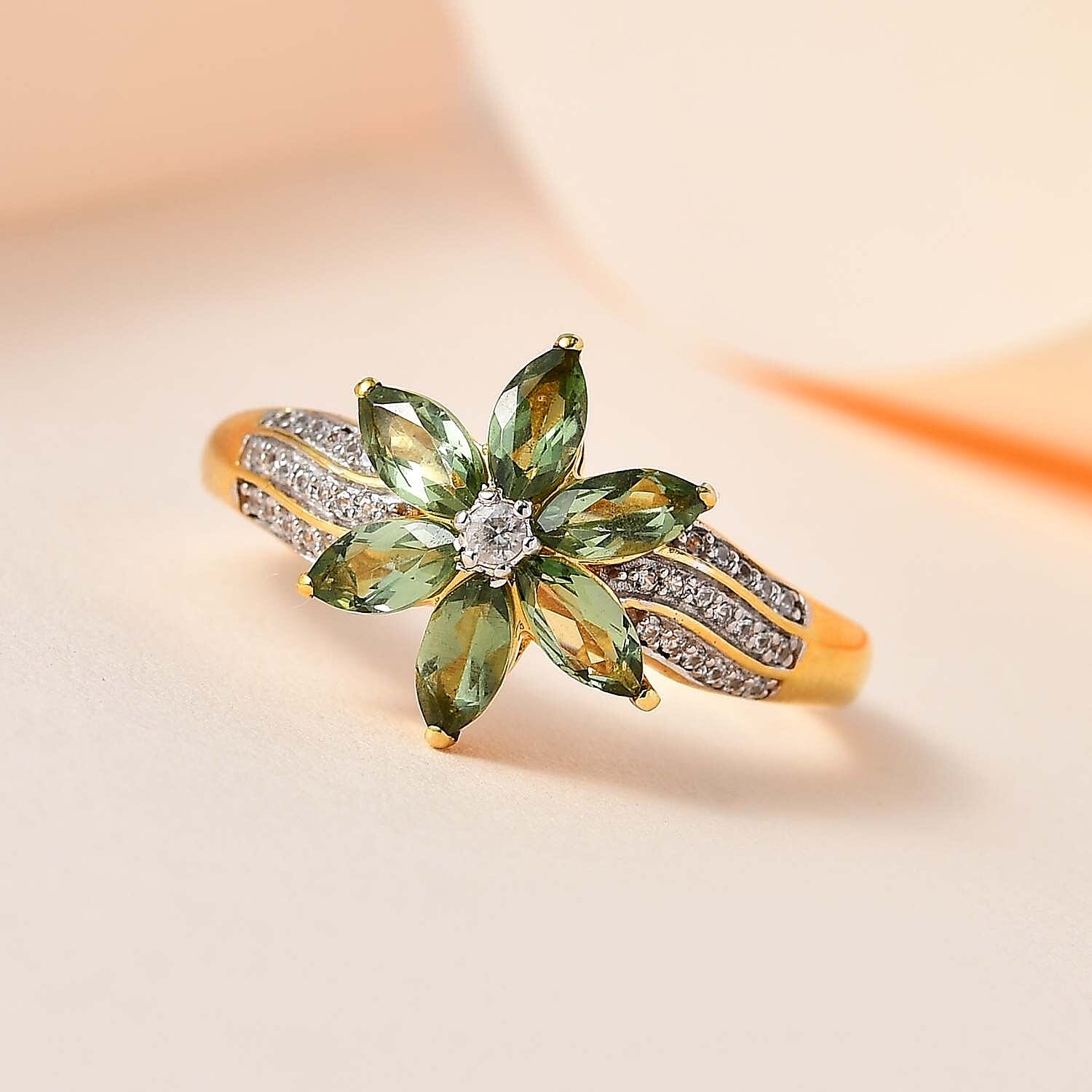 Tanzanian Natural Green Apatite and White Zircon Floral Ring in Vermeil Yellow Gold Over Sterling Silver (Size 10.0) 1.70 ctw