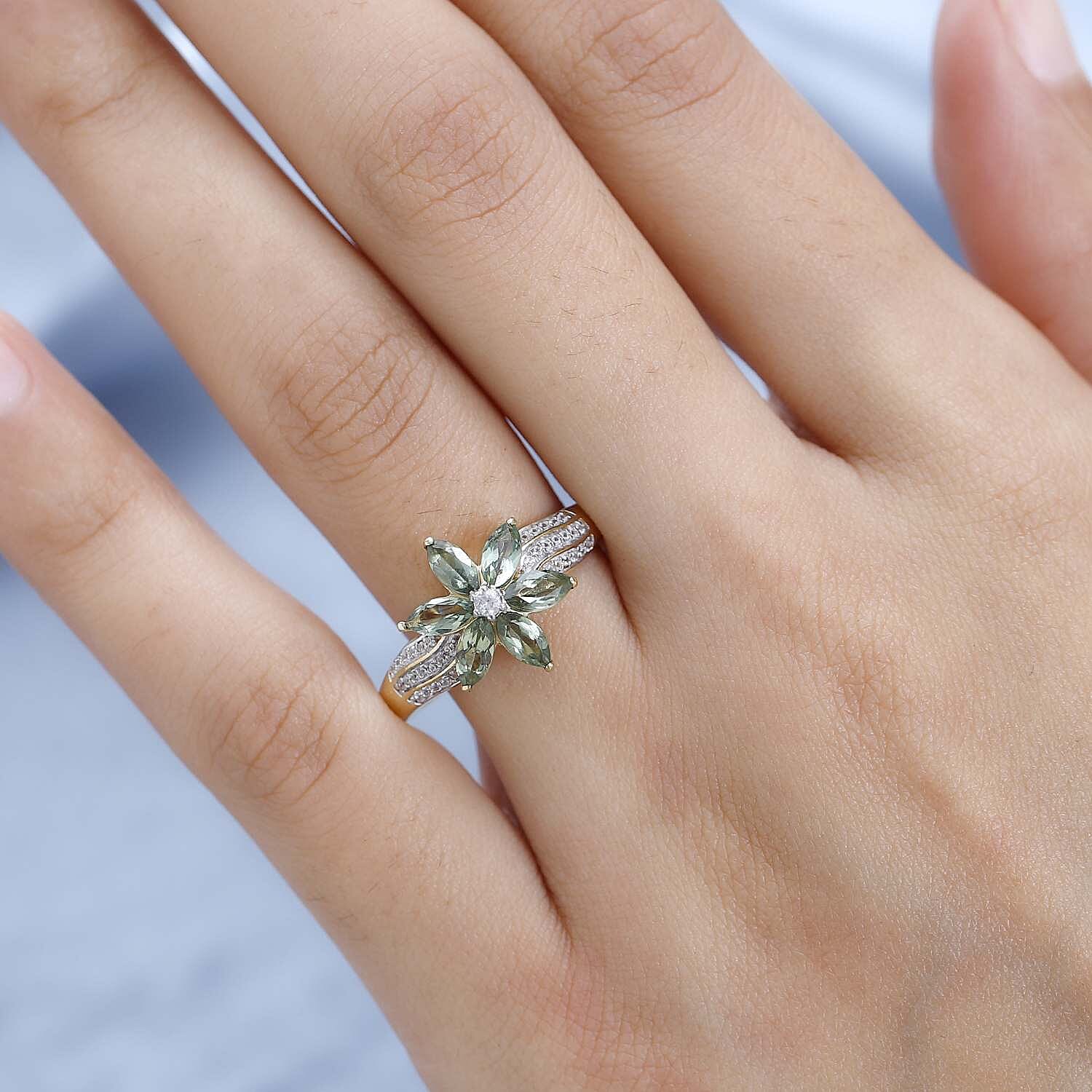 Tanzanian Natural Green Apatite and White Zircon Floral Ring in Vermeil Yellow Gold Over Sterling Silver (Size 10.0) 1.70 ctw