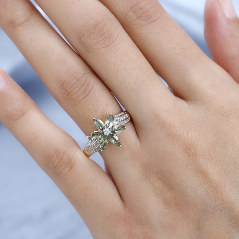 Tanzanian Natural Green Apatite and White Zircon Floral Ring in Vermeil Yellow Gold Over Sterling Silver (Size 10.0) 1.70 ctw