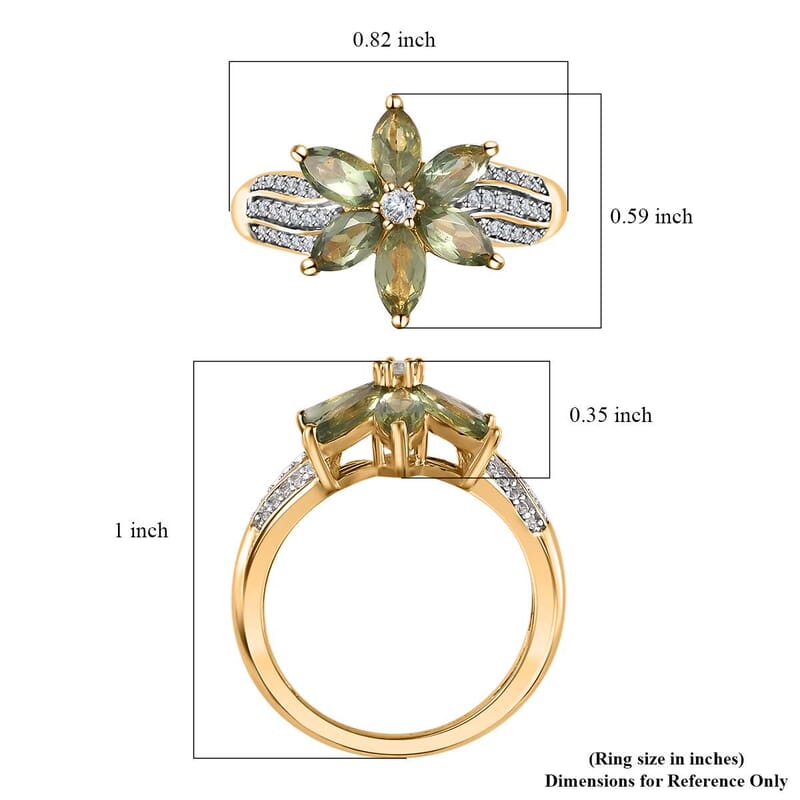 Tanzanian Natural Green Apatite and White Zircon Floral Ring in Vermeil Yellow Gold Over Sterling Silver (Size 10.0) 1.70 ctw