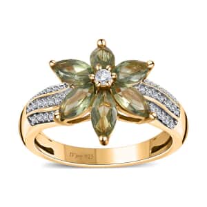 Tanzanian Natural Green Apatite and White Zircon Floral Ring in Vermeil Yellow Gold Over Sterling Silver (Size 5.0) 1.70 ctw