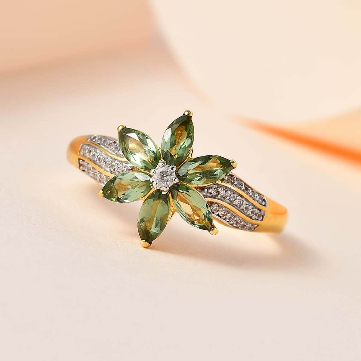 Tanzanian Natural Green Apatite and White Zircon Floral Ring in Vermeil Yellow Gold Over Sterling Silver (Size 5.0) 1.70 ctw image number 1