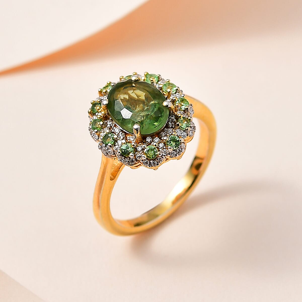 Premium Tanzanian Natural Green Apatite and Multi Gemstone Floral Ring in Vermeil Yellow Gold Over Sterling Silver (Size 6.0) 2.75 ctw image number 1