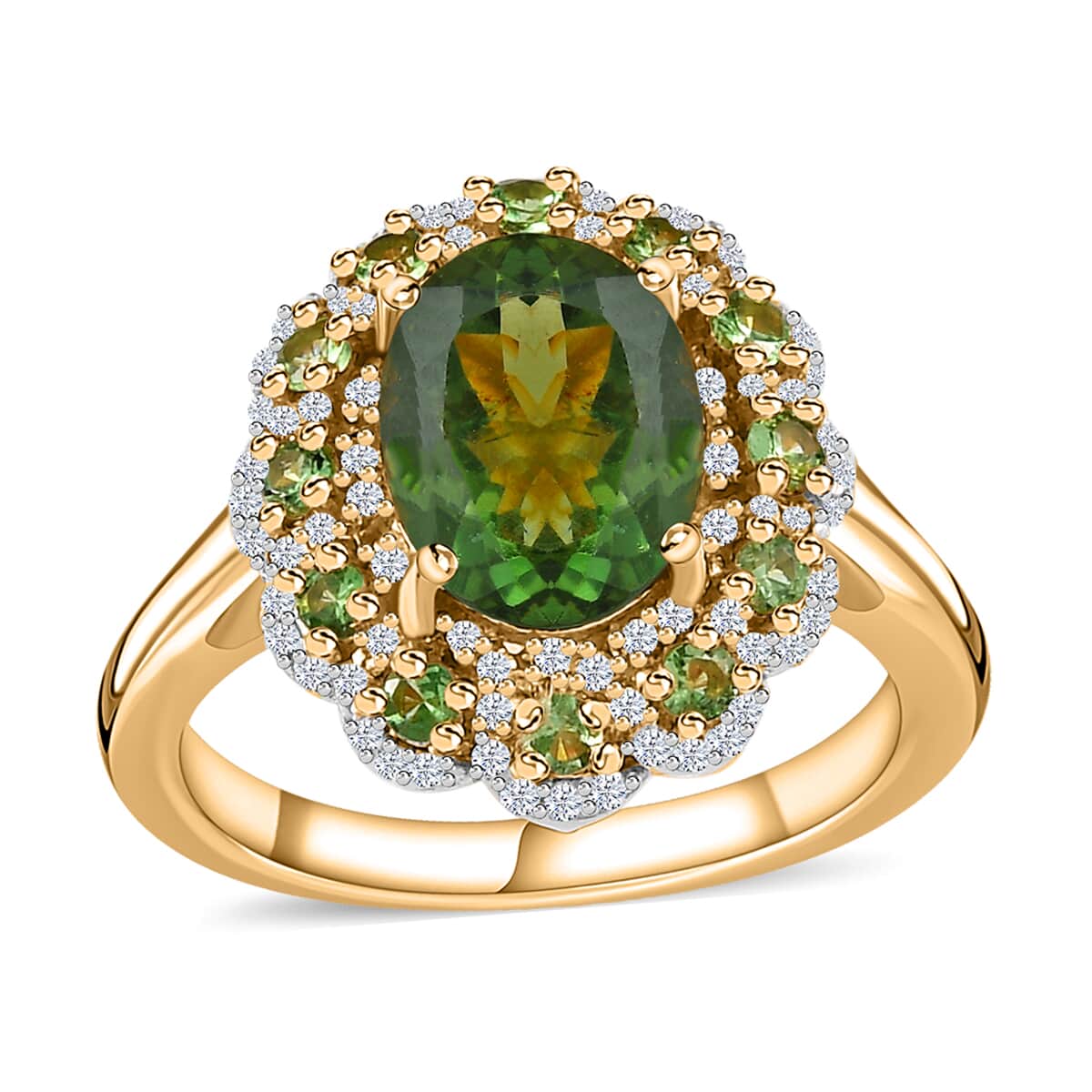 Premium Tanzanian Natural Green Apatite and Multi Gemstone Floral Ring in Vermeil Yellow Gold Over Sterling Silver (Size 7.0) 2.75 ctw image number 0