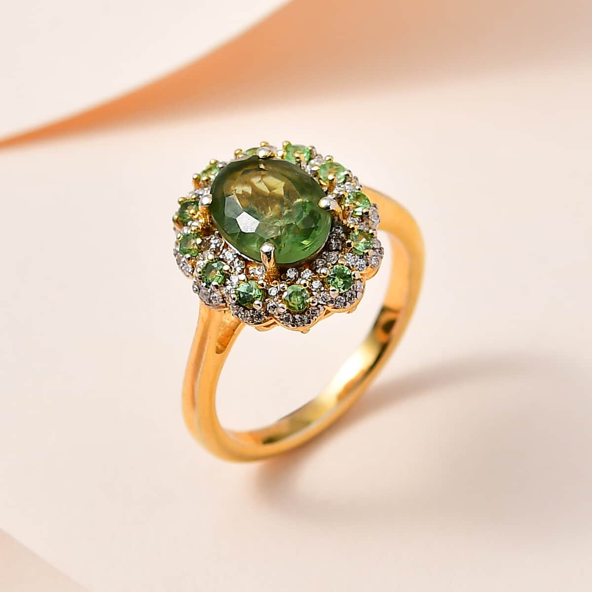 Premium Tanzanian Natural Green Apatite and Multi Gemstone Floral Ring in Vermeil Yellow Gold Over Sterling Silver (Size 7.0) 2.75 ctw image number 1
