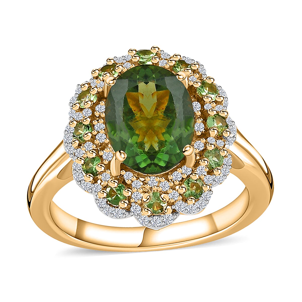 Premium Tanzanian Natural Green Apatite and Multi Gemstone Floral Ring in Vermeil Yellow Gold Over Sterling Silver (Size 9.0) 2.75 ctw image number 0
