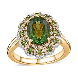 Premium Tanzanian Natural Green Apatite and Multi Gemstone Floral Ring in Vermeil Yellow Gold Over Sterling Silver (Size 9.0) 2.75 ctw