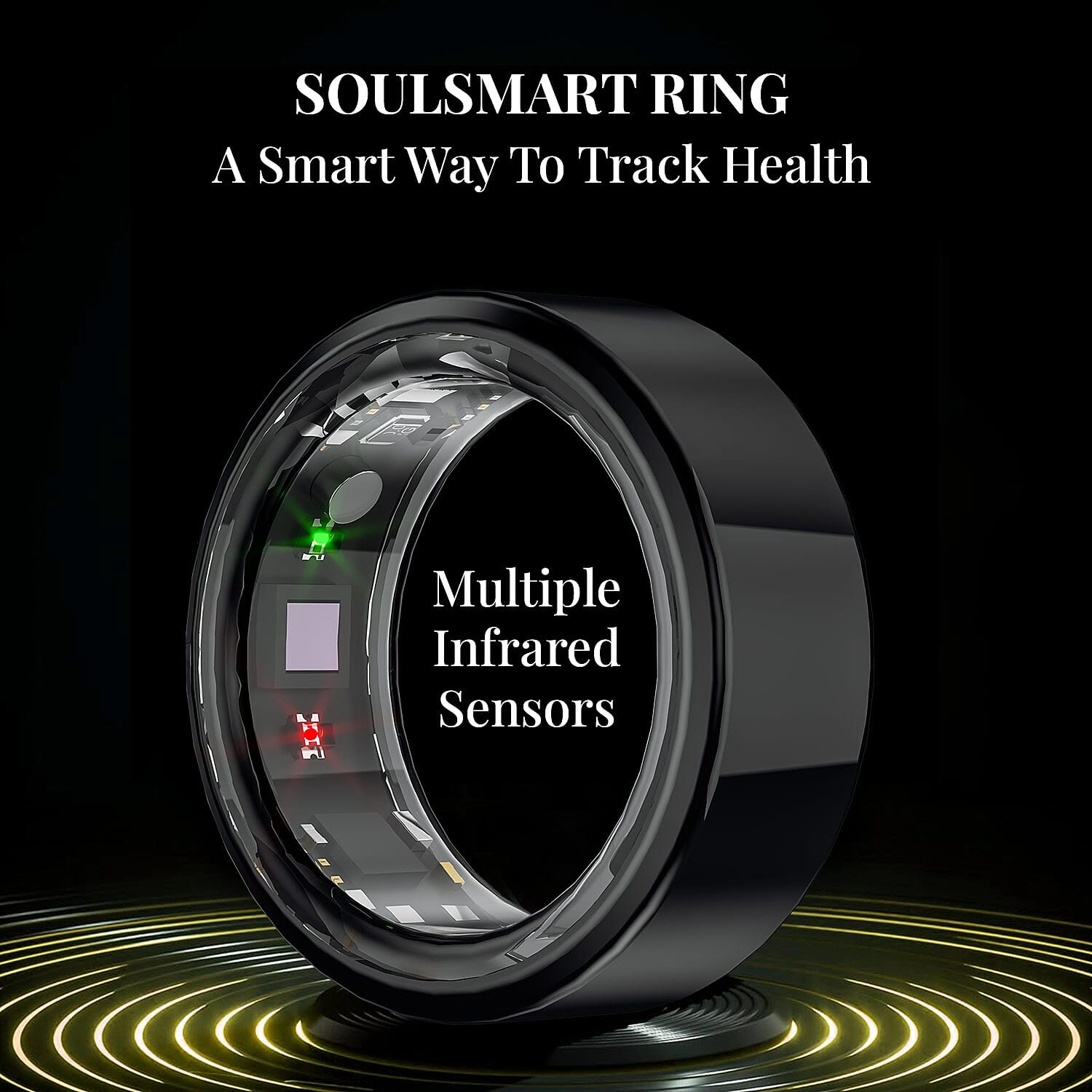 Soulsmart Multifunctional Health Tracker Smart Ring (Size 7.0) in ION Plated Black Stainless Steel (Compatible with Android 5.0+ & Apple IOS 10.0+ Systems)