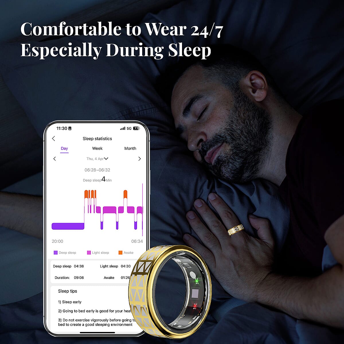 Soulsmart Multifunctional Health Tracker Smart Ring (Size 9.0) in ION Plated YG Stainless Steel (Compatible with Android 5.0+ & Apple IOS 10.0+ Systems) image number 5