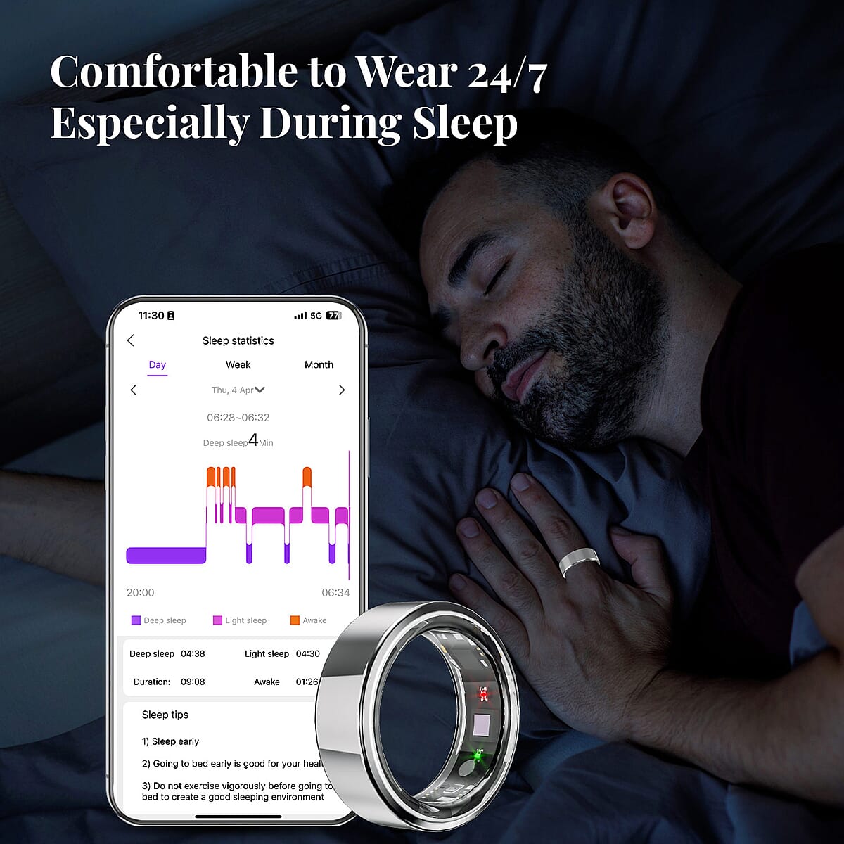 Soulsmart Multifunctional Health Tracker Smart Ring (Size 8.0) in Stainless Steel (Compatible with Android 5.0+ & Apple IOS 10.0+ Systems) image number 5