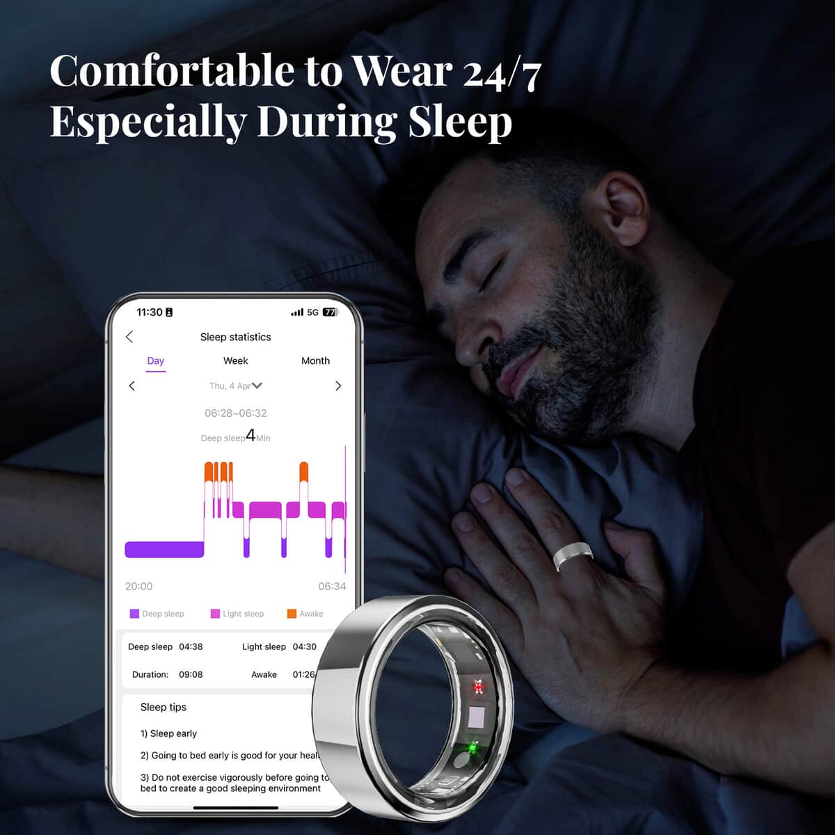 Soulsmart Multifunctional Health Tracker Smart Ring (Size 9.0) in Stainless Steel (Compatible with Android 5.0+ & Apple IOS 10.0+ Systems) image number 5