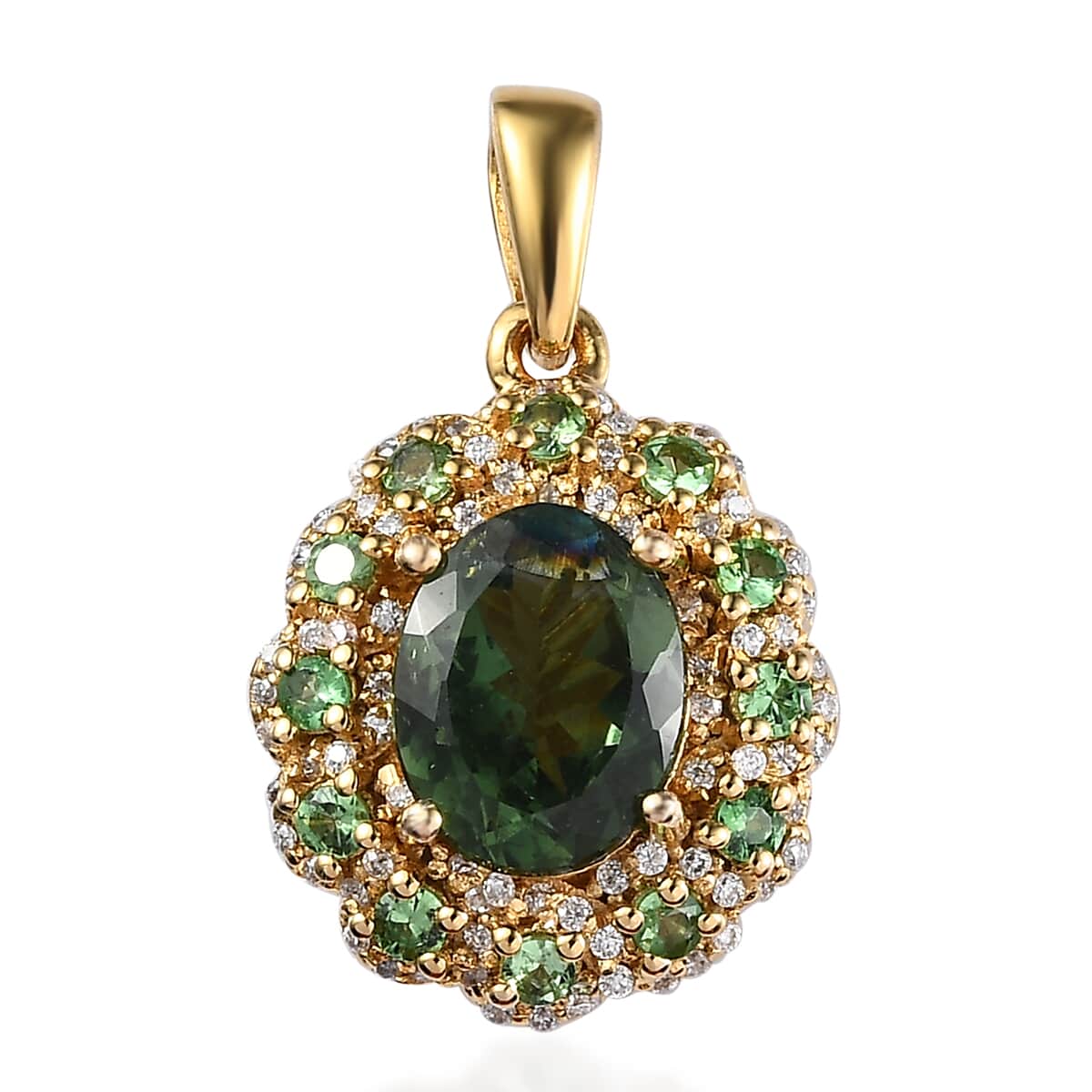 Tanzanian Natural Green Apatite and Multi Gemstone Floral Pendant in Vermeil Yellow Gold Over Sterling Silver 2.75 ctw image number 0