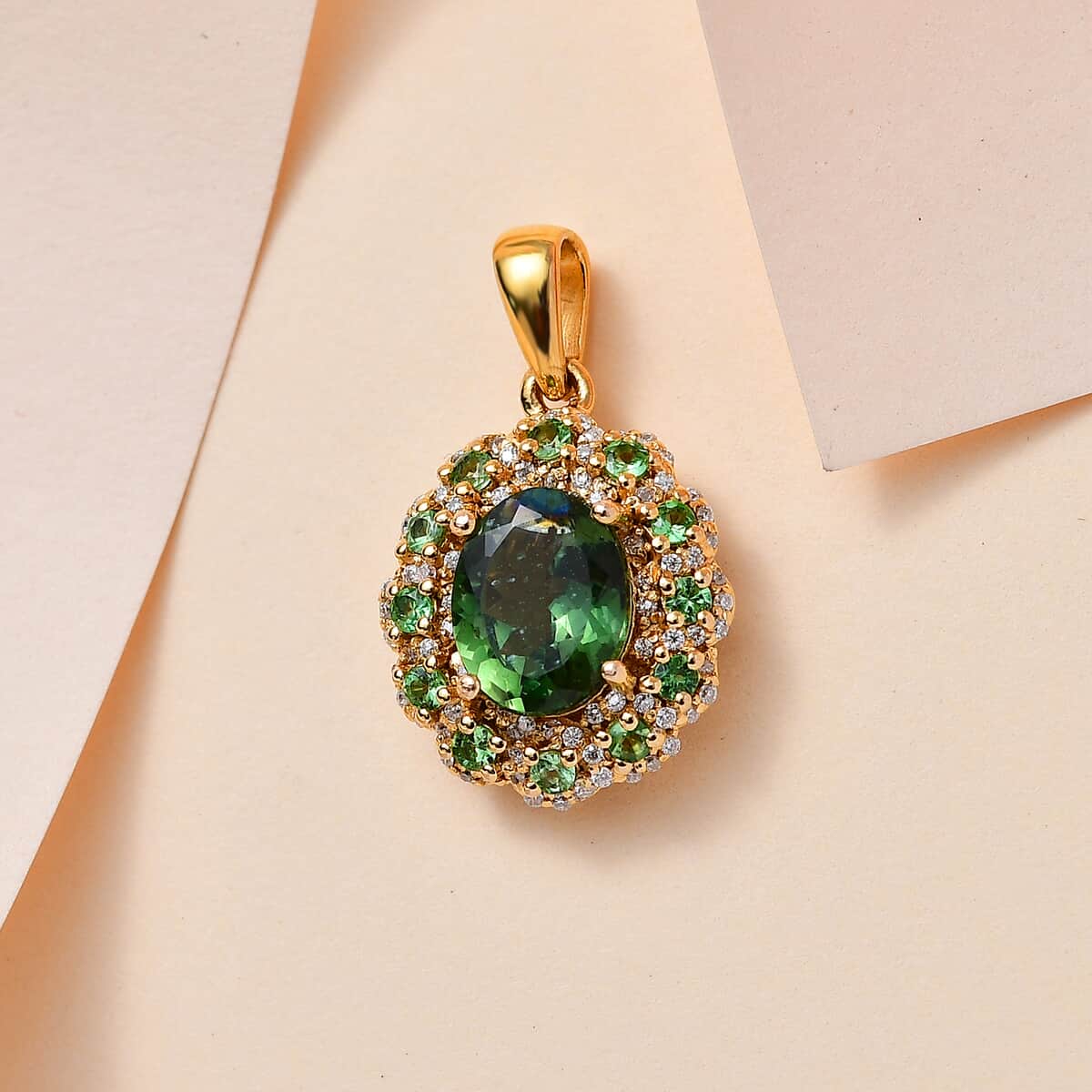Tanzanian Natural Green Apatite and Multi Gemstone Floral Pendant in Vermeil Yellow Gold Over Sterling Silver 2.75 ctw image number 1