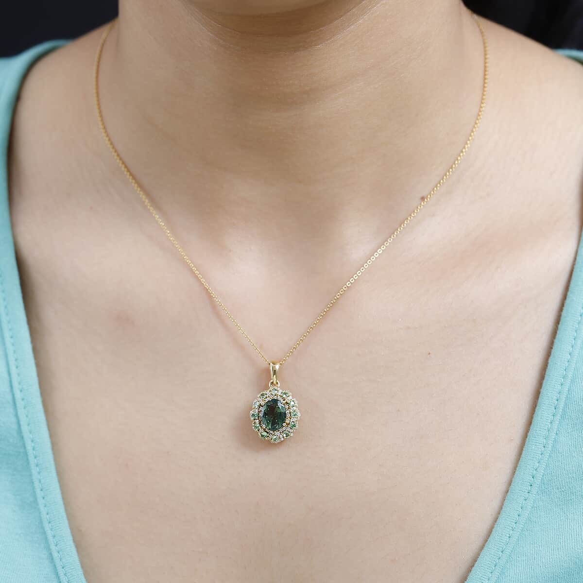 Tanzanian Natural Green Apatite and Multi Gemstone Floral Pendant in Vermeil Yellow Gold Over Sterling Silver 2.75 ctw image number 2