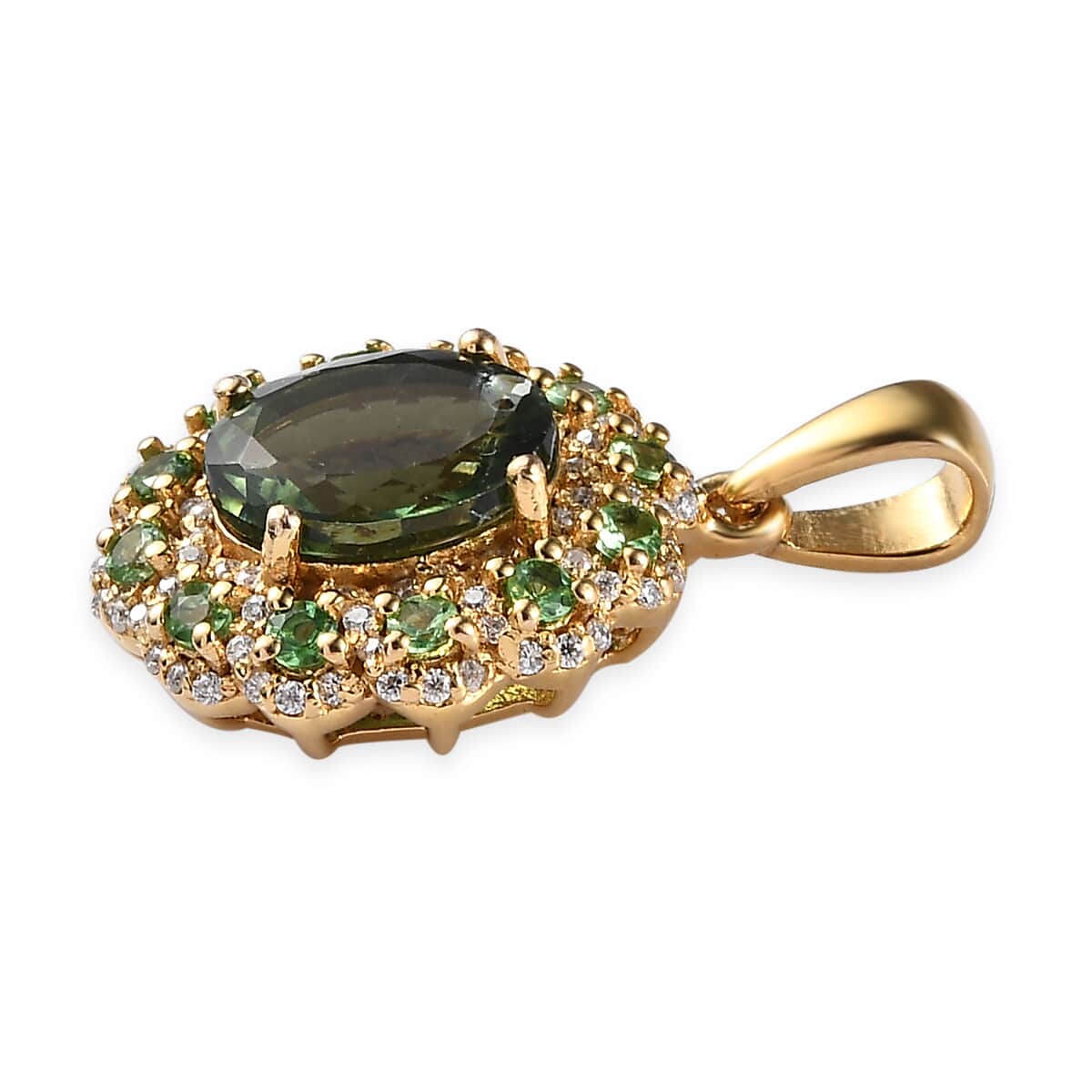 Tanzanian Natural Green Apatite and Multi Gemstone Floral Pendant in Vermeil Yellow Gold Over Sterling Silver 2.75 ctw image number 3