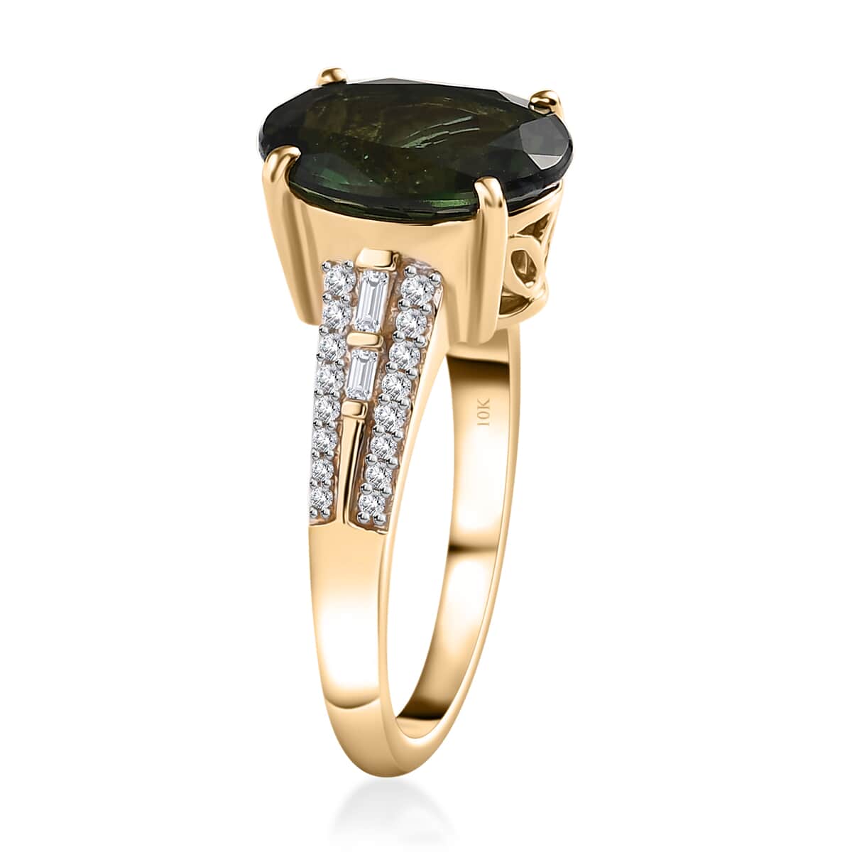 Luxoro 10K Yellow Gold AAA Tanzanian Natural Green Apatite and Diamond Ring (Size 7.0) 5.10 ctw image number 3
