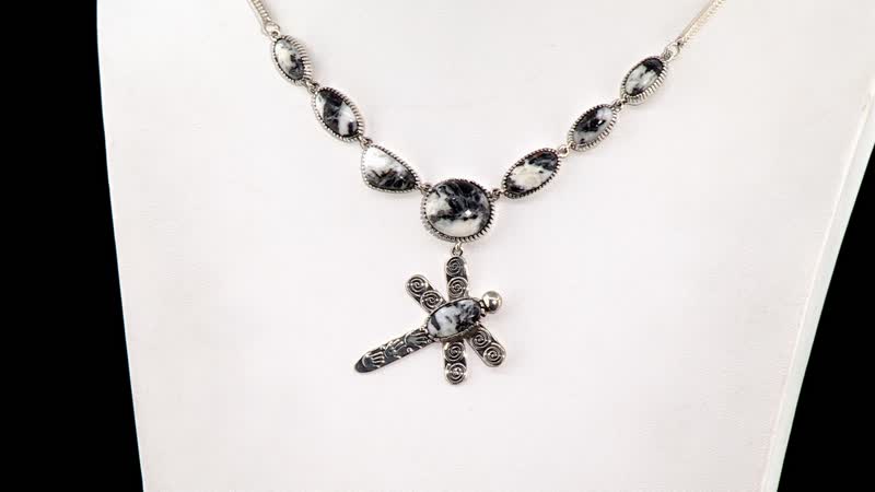 D'Joy Artisan Crafted White Buffalo 31.50 ctw Dragonfly Necklace 18-20 Inches in Sterling Silver