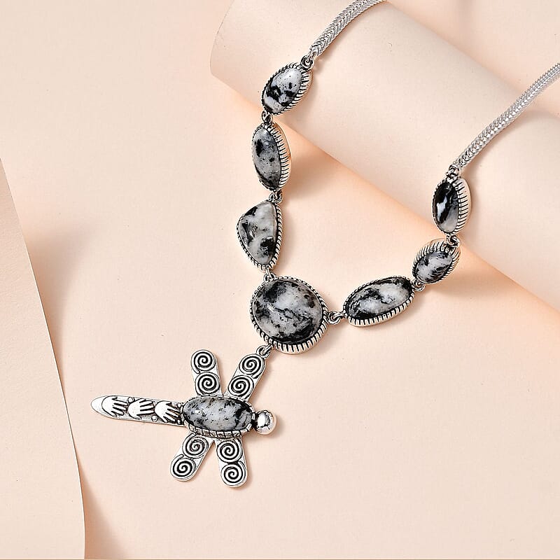 D'Joy Artisan Crafted White Buffalo 31.50 ctw Dragonfly Necklace 18-20 Inches in Sterling Silver