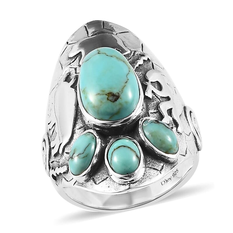 Artisan Crafted Blue Moon Turquoise Kokopelli and Bear Ring in Sterling Silver (Size 10.0) 5.00 ctw