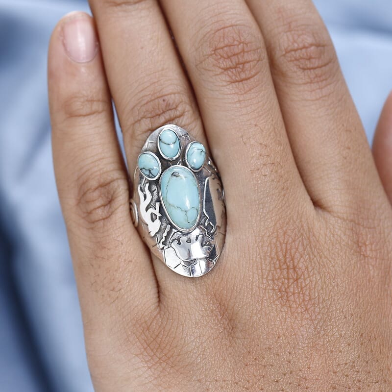Artisan Crafted Blue Moon Turquoise Kokopelli and Bear Ring in Sterling Silver (Size 10.0) 5.00 ctw