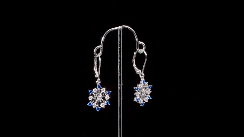 Simulated Diamond and Tanzanian Blue Spinel (DF) Snowflake Earrings in Rhodium Over Sterling Silver 1.15 ctw