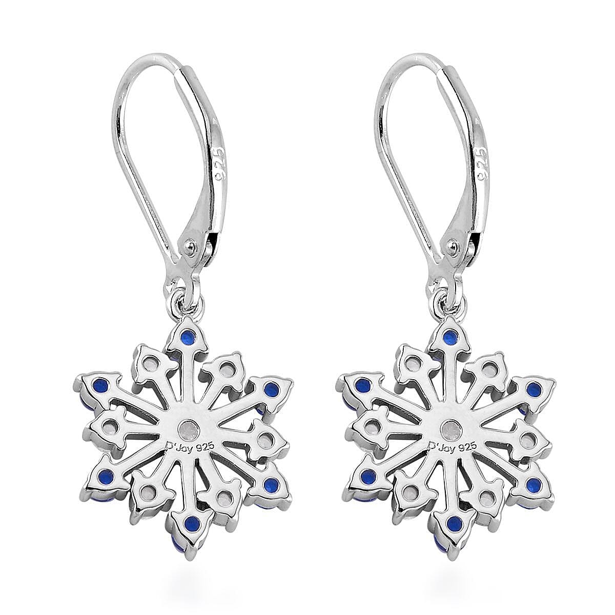 Simulated Diamond and Tanzanian Blue Spinel (DF) Snowflake Earrings in Rhodium Over Sterling Silver 1.15 ctw