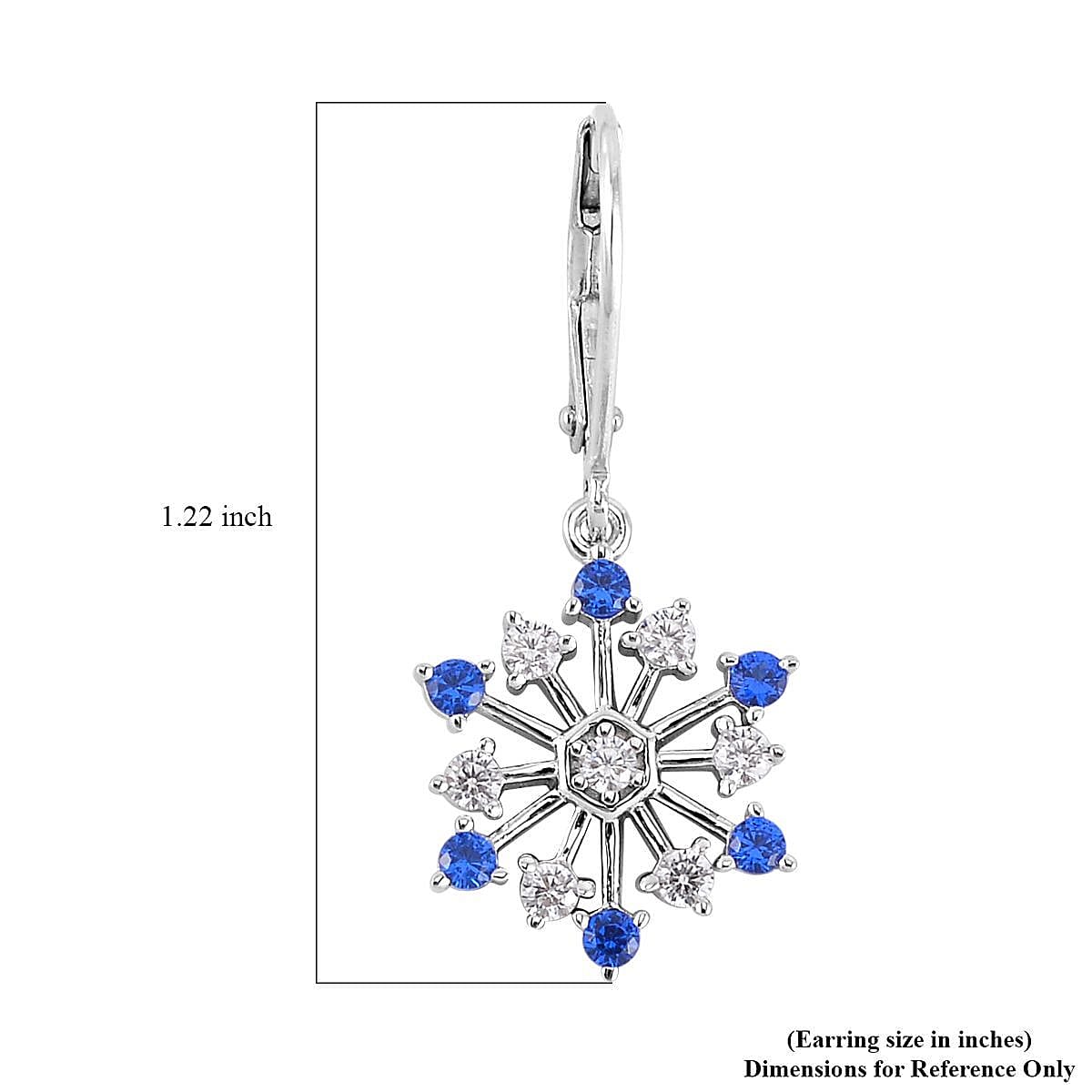 Simulated Diamond and Tanzanian Blue Spinel (DF) Snowflake Earrings in Rhodium Over Sterling Silver 1.15 ctw