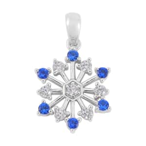 Simulated Diamond and Tanzanian Blue Spinel (DF) Snowflake Pendant in Rhodium Over Sterling Silver 0.60 ctw