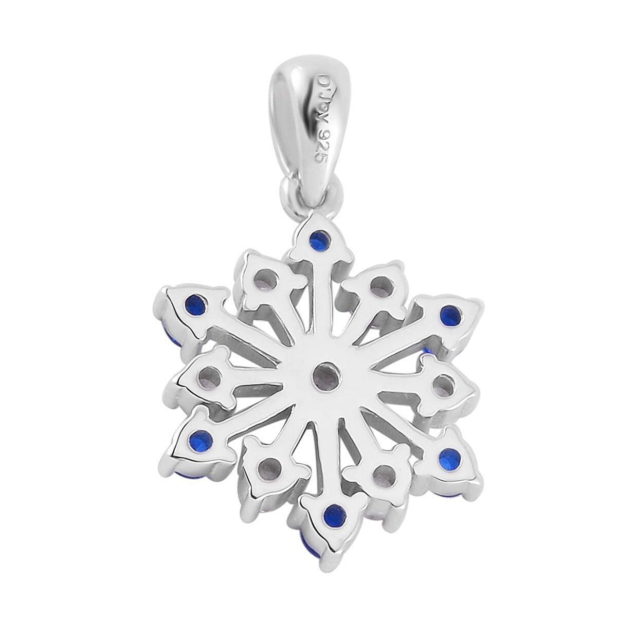 Simulated Diamond and Tanzanian Blue Spinel (DF) Snowflake Pendant in Rhodium Over Sterling Silver 0.60 ctw