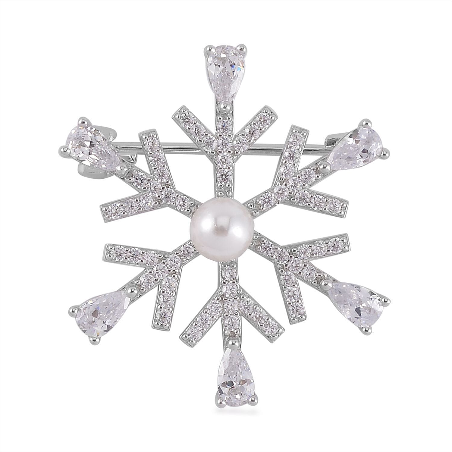 White Shell Pearl and Simulated Diamond Snowflake Brooch in Rhodium Over Sterling Silver 3.25 ctw