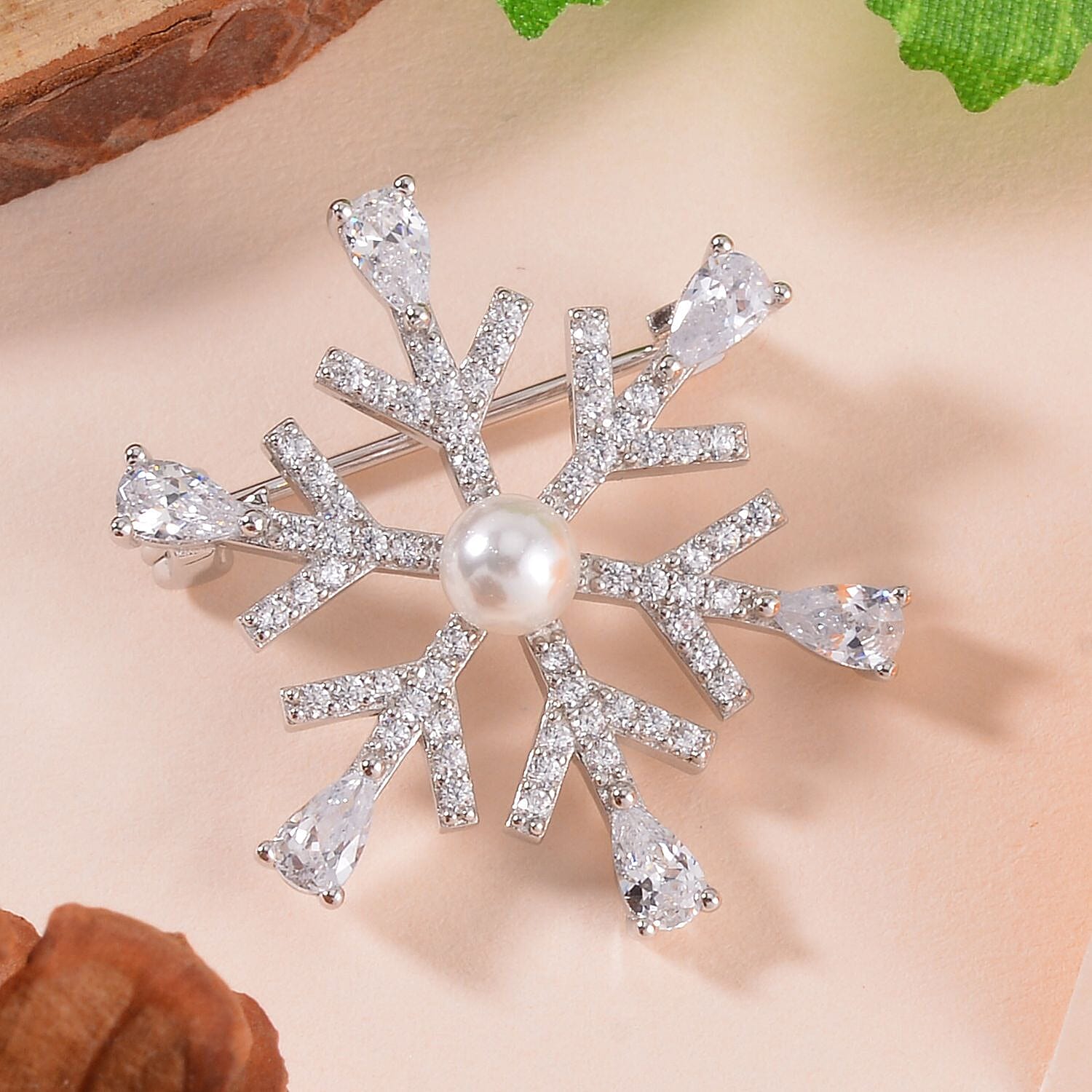 White Shell Pearl and Simulated Diamond Snowflake Brooch in Rhodium Over Sterling Silver 3.25 ctw