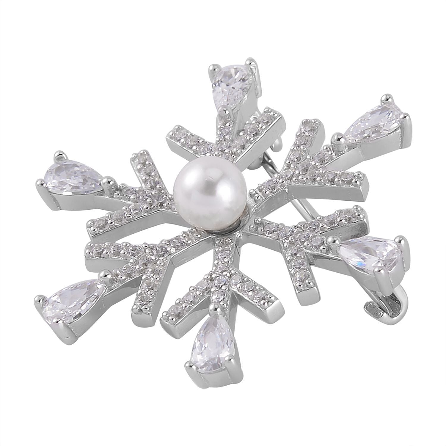 White Shell Pearl and Simulated Diamond Snowflake Brooch in Rhodium Over Sterling Silver 3.25 ctw