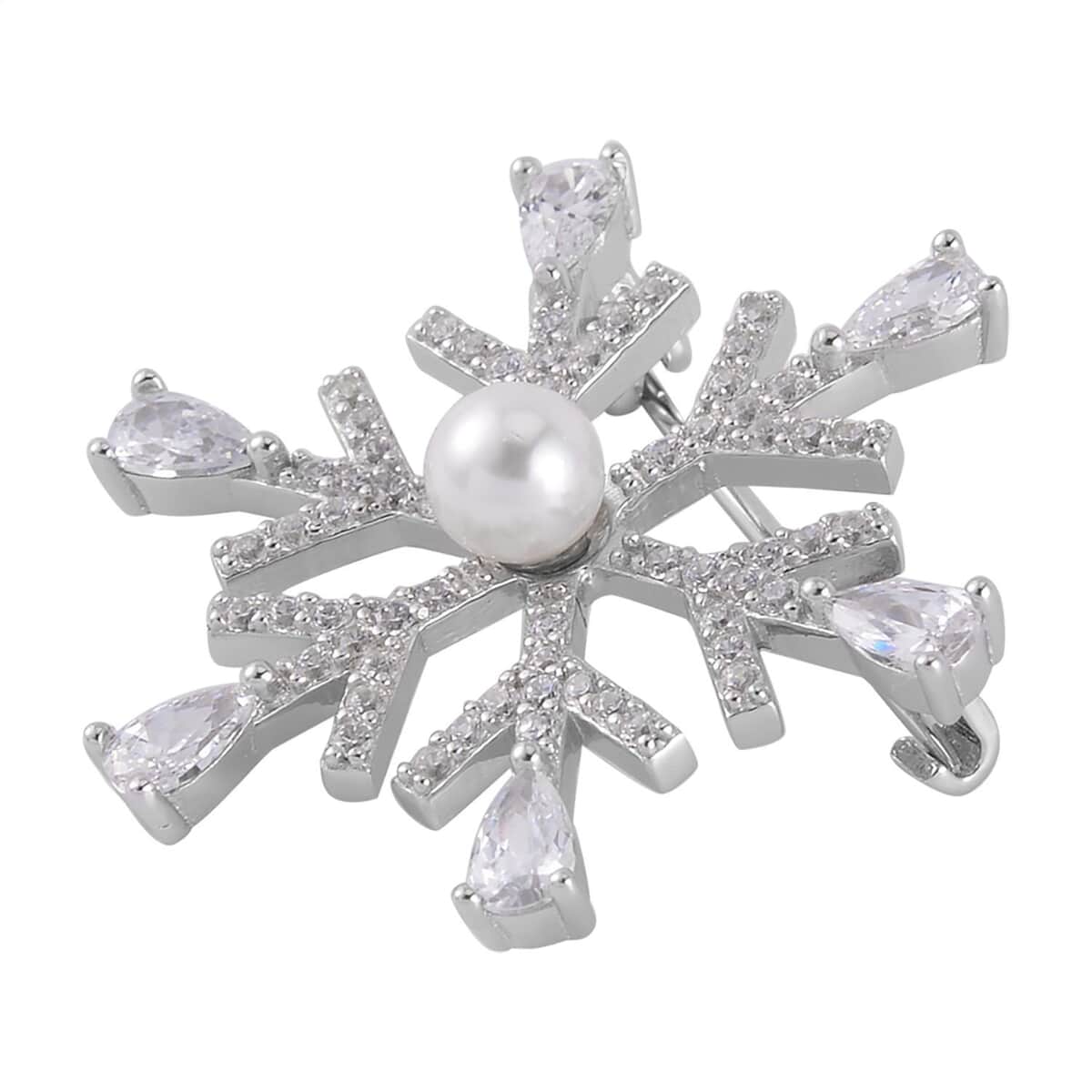 Mother’s Day Gift White Shell Pearl and Simulated Diamond Snowflake Brooch in Rhodium Over Sterling Silver 3.25 ctw image number 2