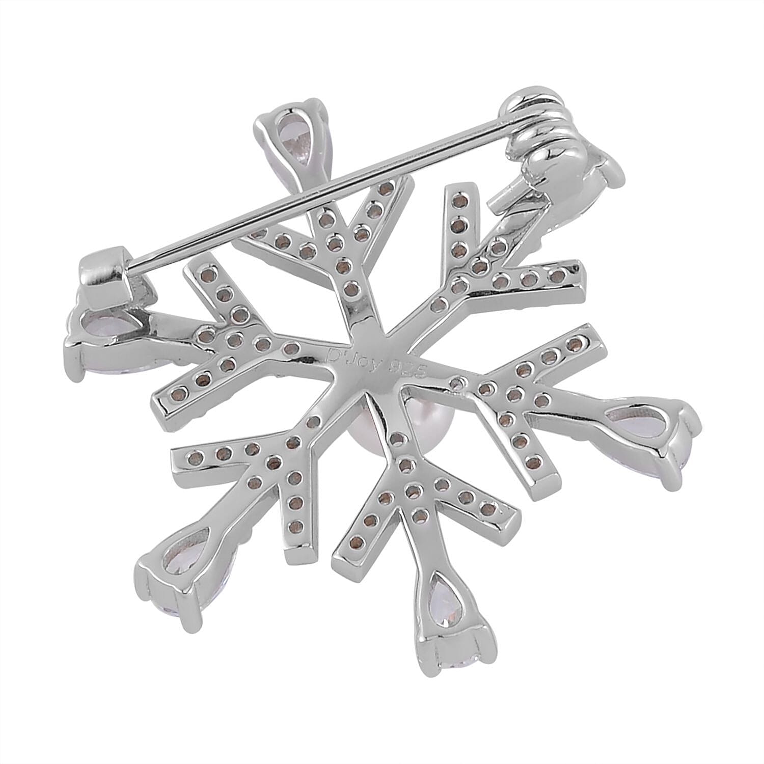White Shell Pearl and Simulated Diamond Snowflake Brooch in Rhodium Over Sterling Silver 3.25 ctw