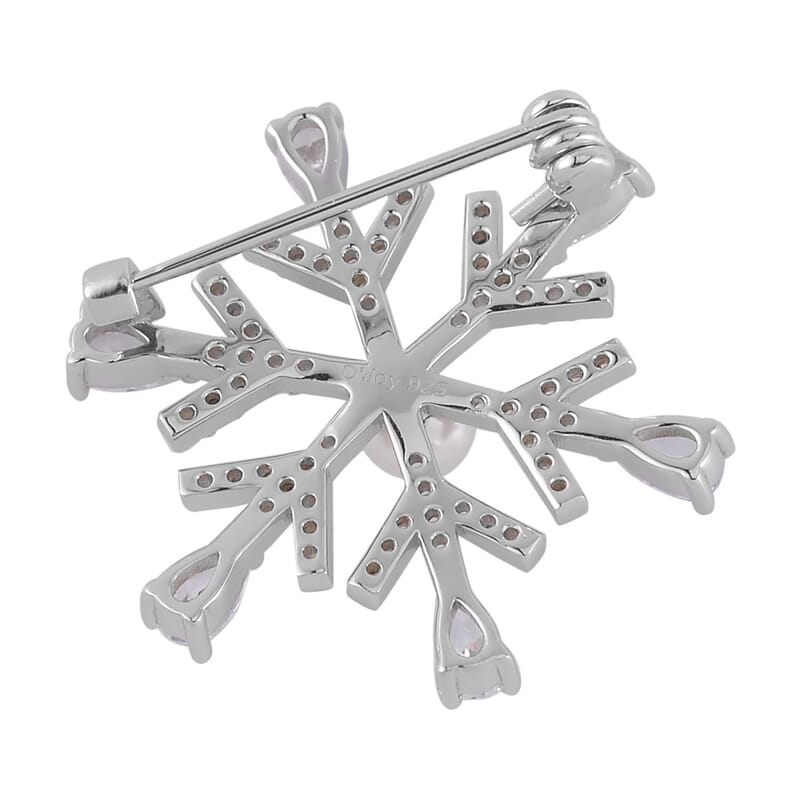White Shell Pearl and Simulated Diamond Snowflake Brooch in Rhodium Over Sterling Silver 3.25 ctw
