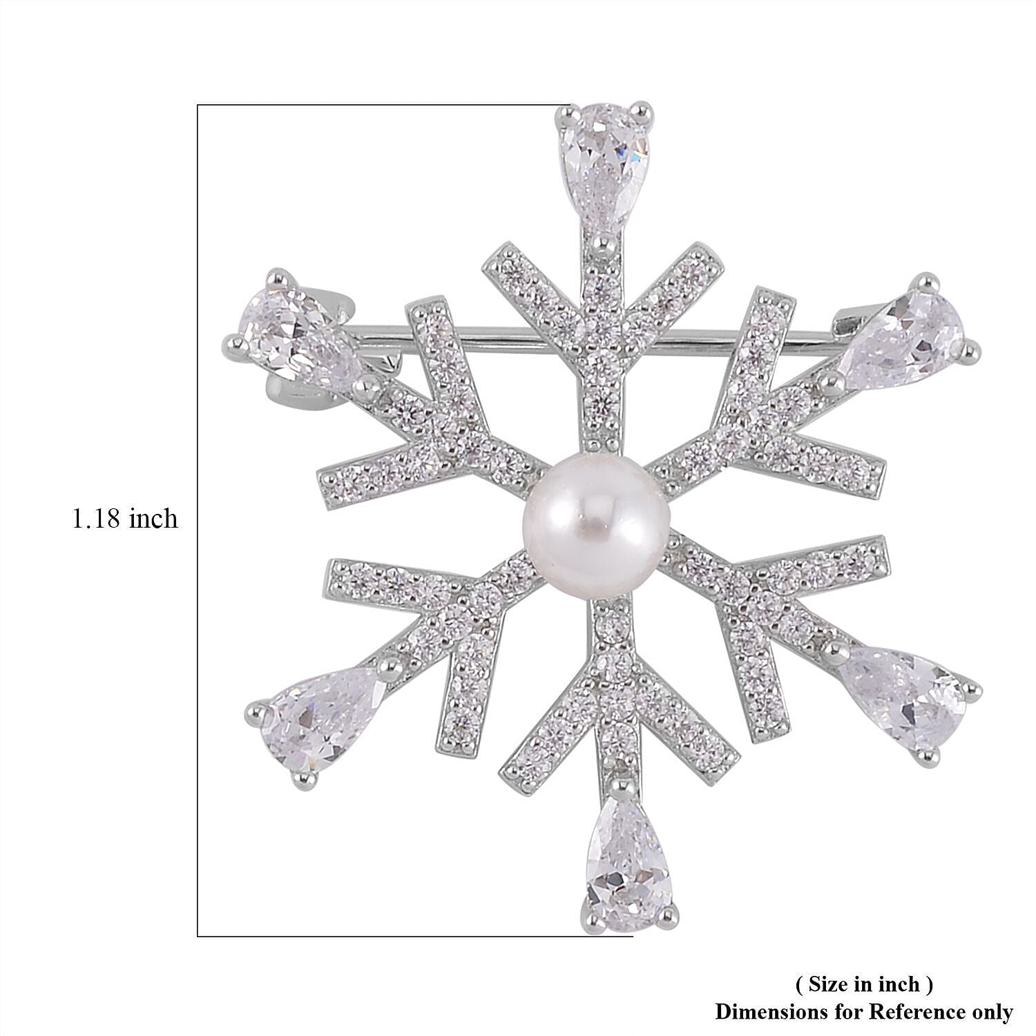 White Shell Pearl and Simulated Diamond Snowflake Brooch in Rhodium Over Sterling Silver 3.25 ctw