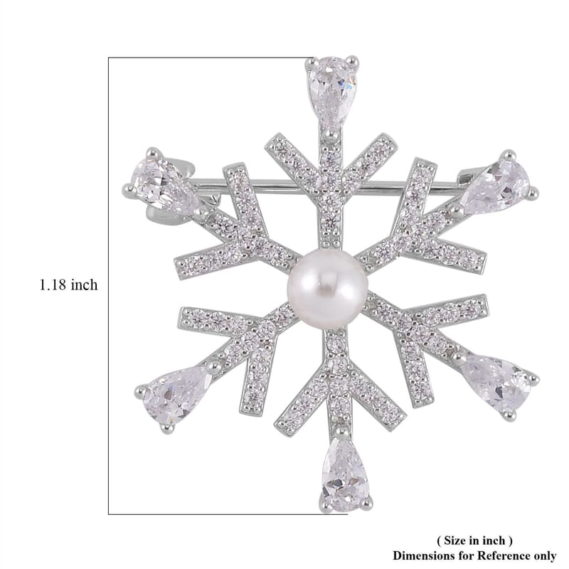 White Shell Pearl and Simulated Diamond Snowflake Brooch in Rhodium Over Sterling Silver 3.25 ctw