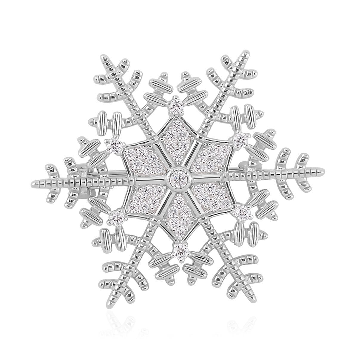 Simulated Diamond Snowflake Brooch in Rhodium Over Sterling Silver 0.75 ctw