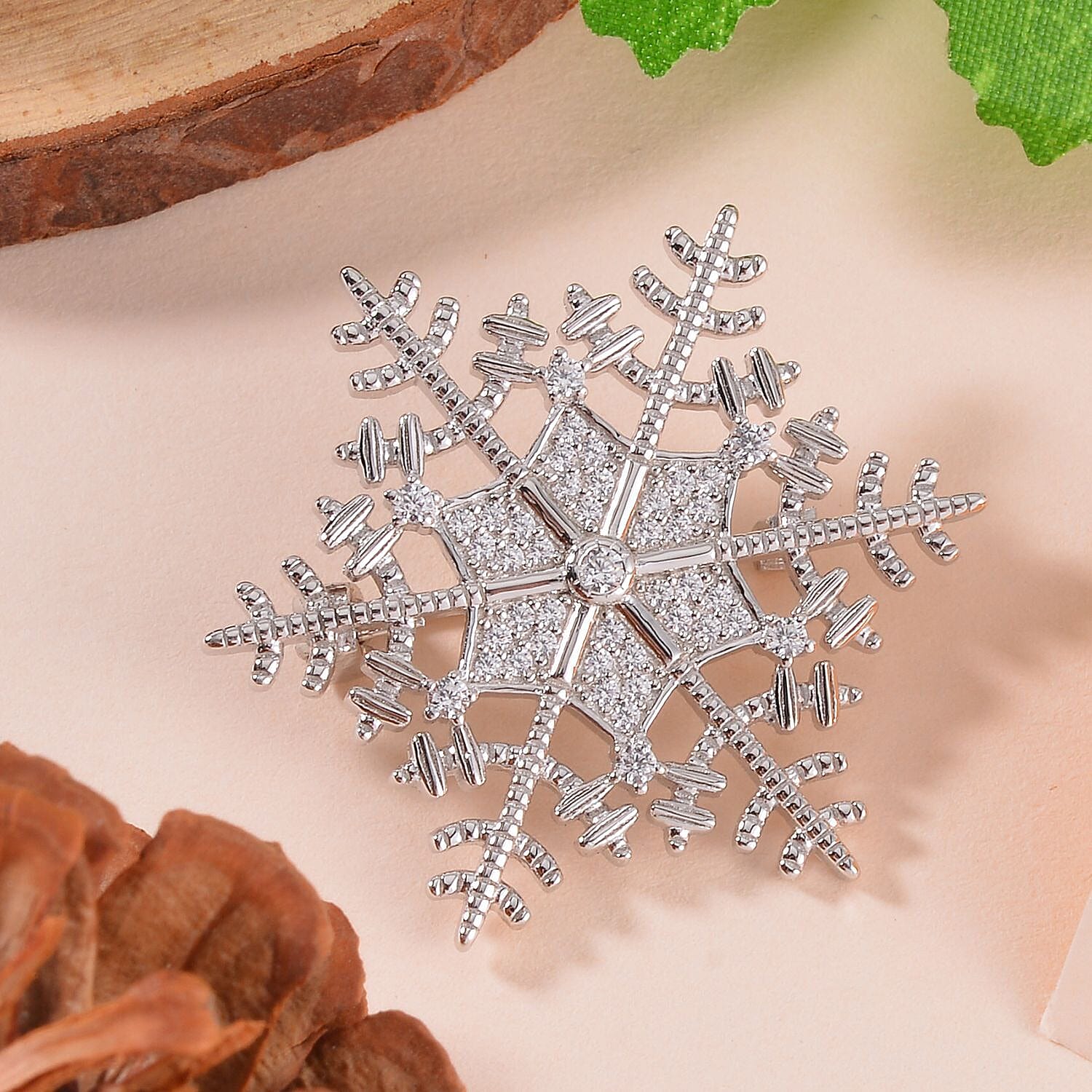 Simulated Diamond Snowflake Brooch in Rhodium Over Sterling Silver 0.75 ctw