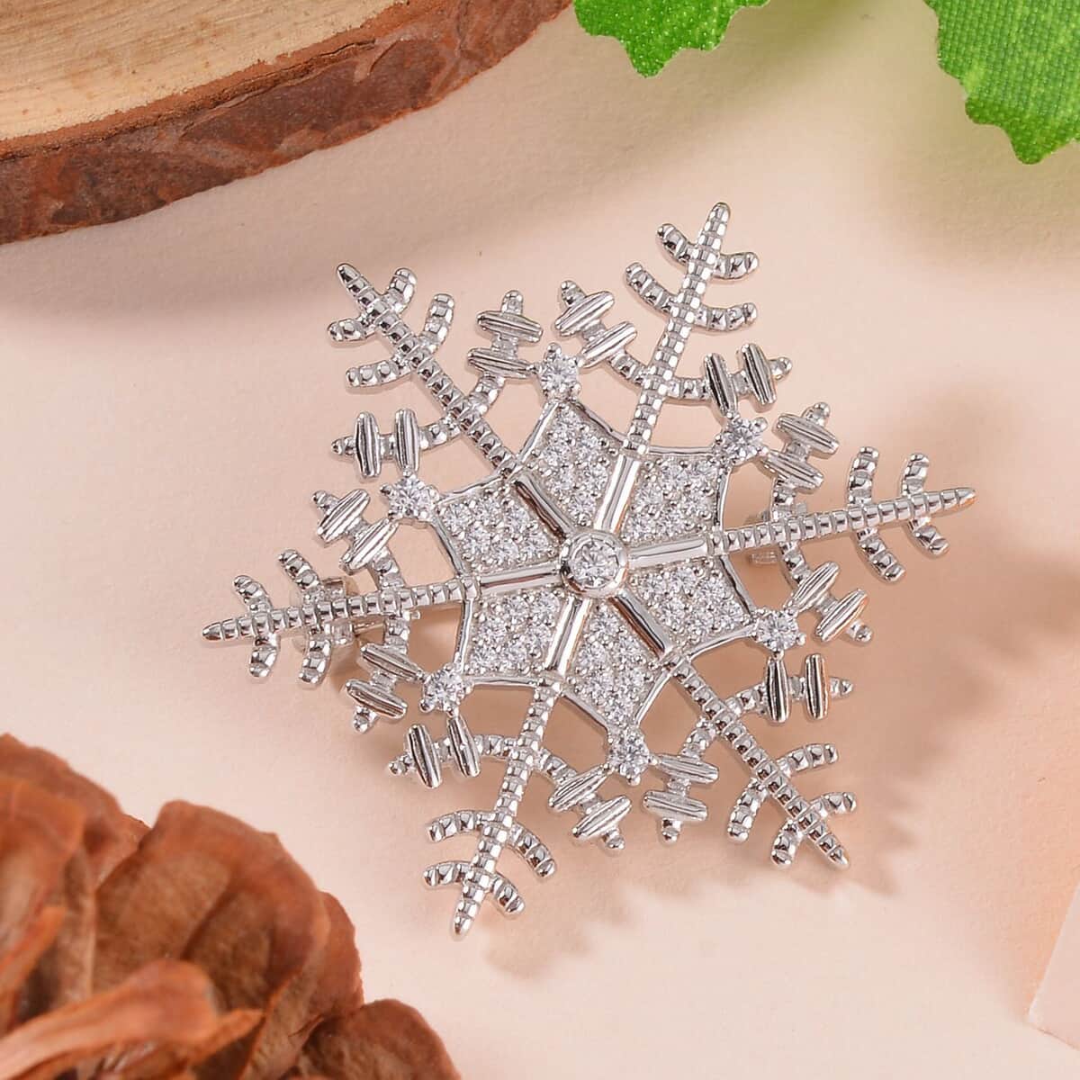 Simulated Diamond Snowflake Brooch in Rhodium Over Sterling Silver 0.75 ctw image number 1