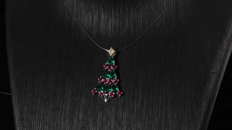 Green Nano Crystal, Ruby and Simulated Yellow Diamond Christmas Tree Pendant in Rhodium Over Sterling Silver 0.60 ctw