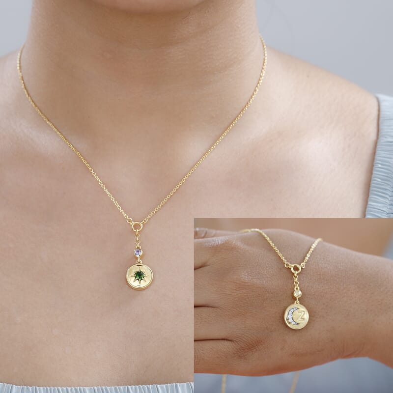 Chrome Diopside and Multi Gemstone Reversible Celesital Initial Z Moon Coin Necklace 18 Inches in Vermeil Yellow Gold Over Sterling Silver 0.50 ctw