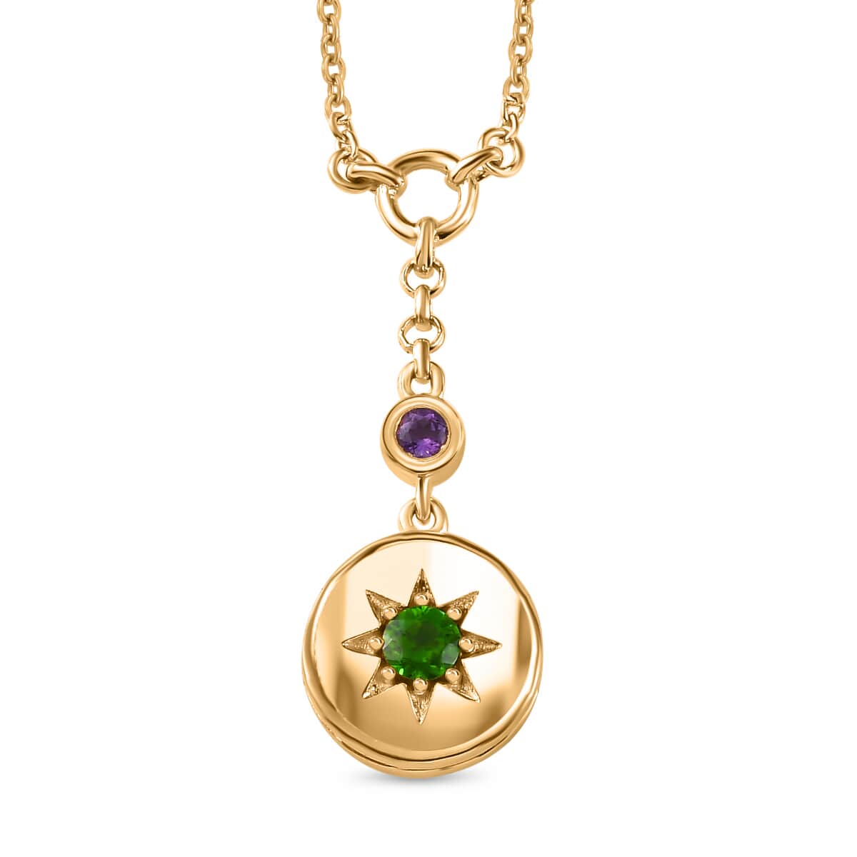 Chrome Diopside and Multi Gemstone Initial A Moon Celestial Medallion Coin Necklace 18-20 Inches in Vermeil Yellow Gold Over Sterling Silver 0.50 ctw image number 0