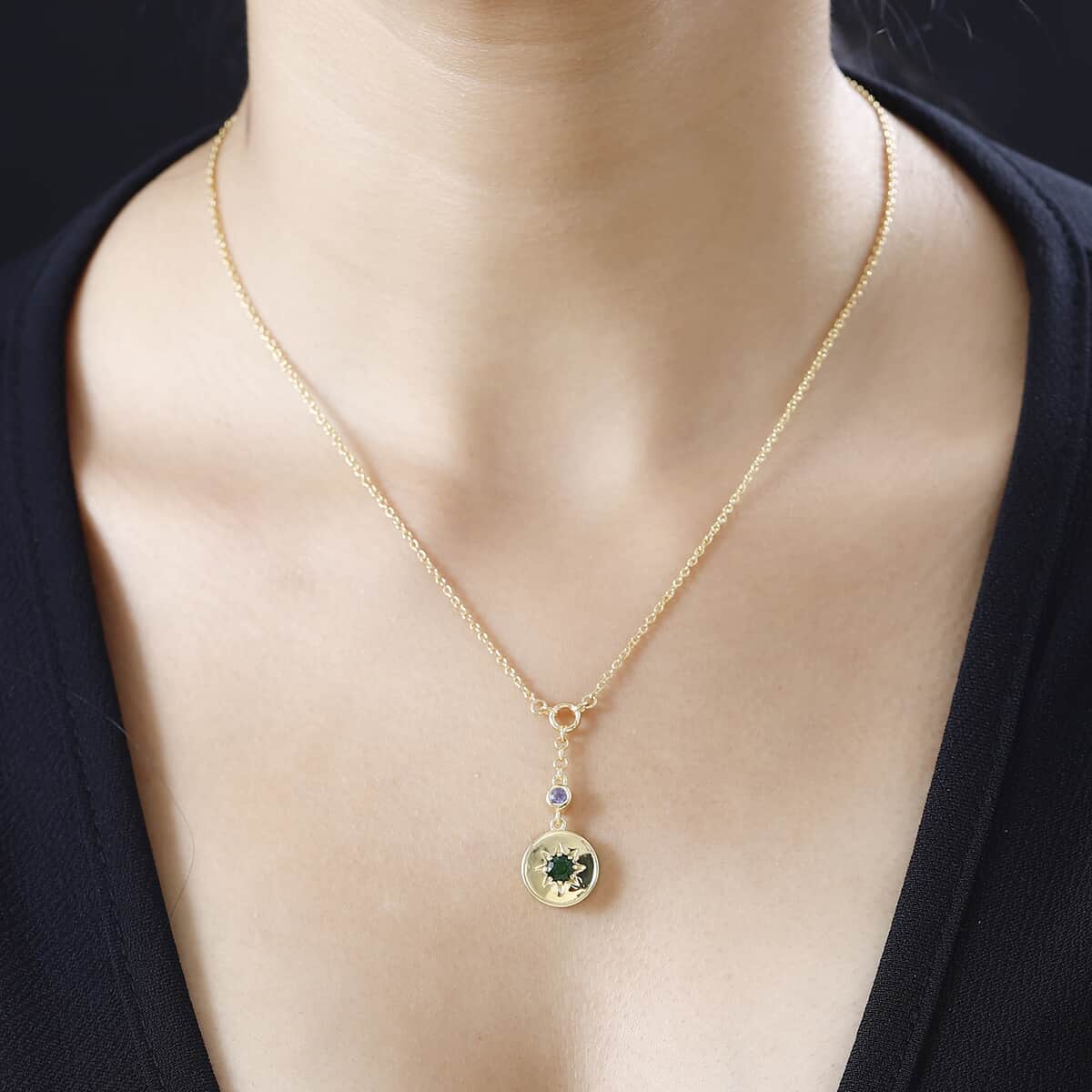 Chrome Diopside and Multi Gemstone Initial A Moon Celestial Medallion Coin Necklace 18-20 Inches in Vermeil Yellow Gold Over Sterling Silver 0.50 ctw image number 2