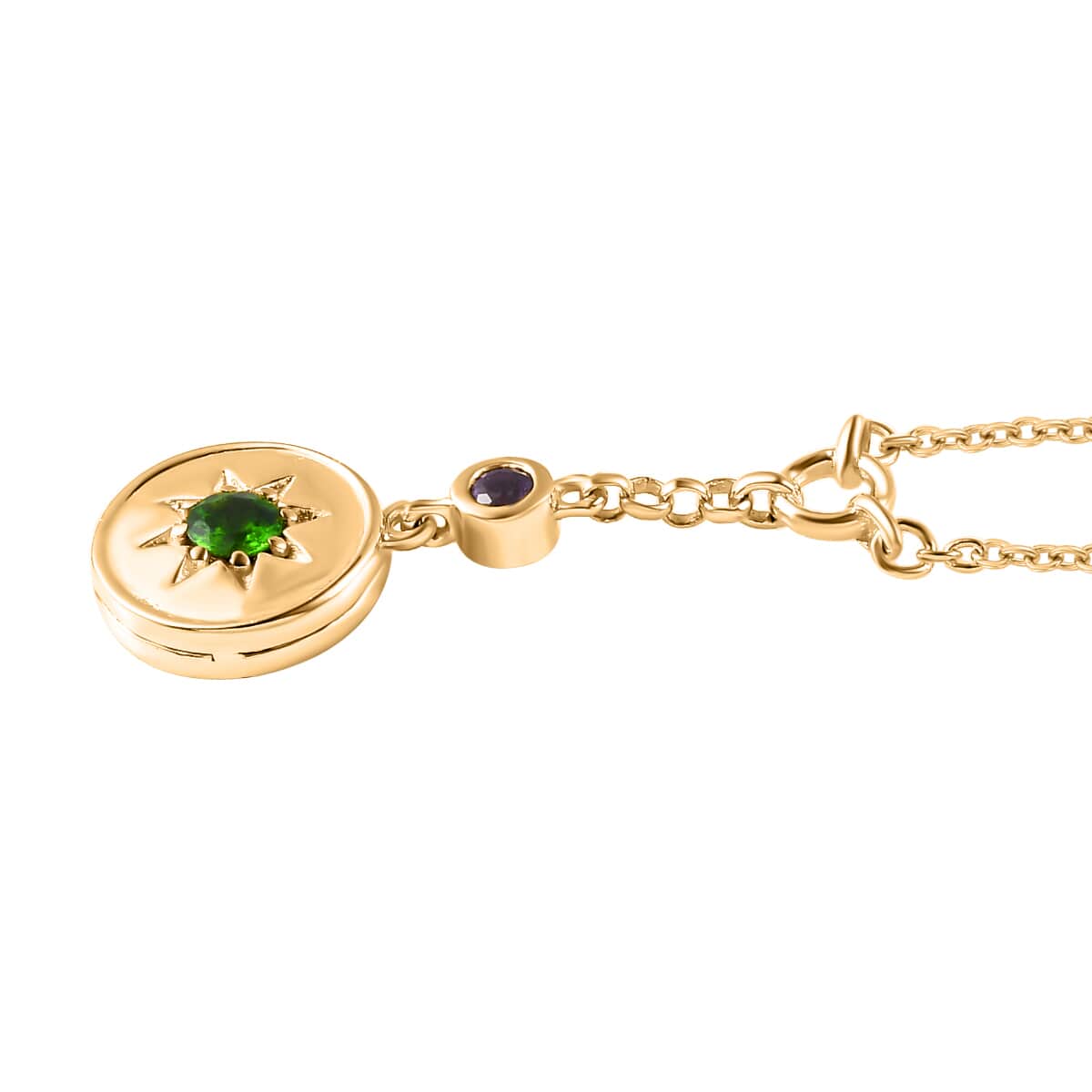 Chrome Diopside and Multi Gemstone Initial A Moon Celestial Medallion Coin Necklace 18-20 Inches in Vermeil Yellow Gold Over Sterling Silver 0.50 ctw image number 3