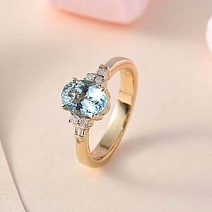 Luxoro Premium Santa Maria Aquamarine and G-H I3 Diamond 1.25 ctw Ring in 10K Yellow Gold (Size 10.5)