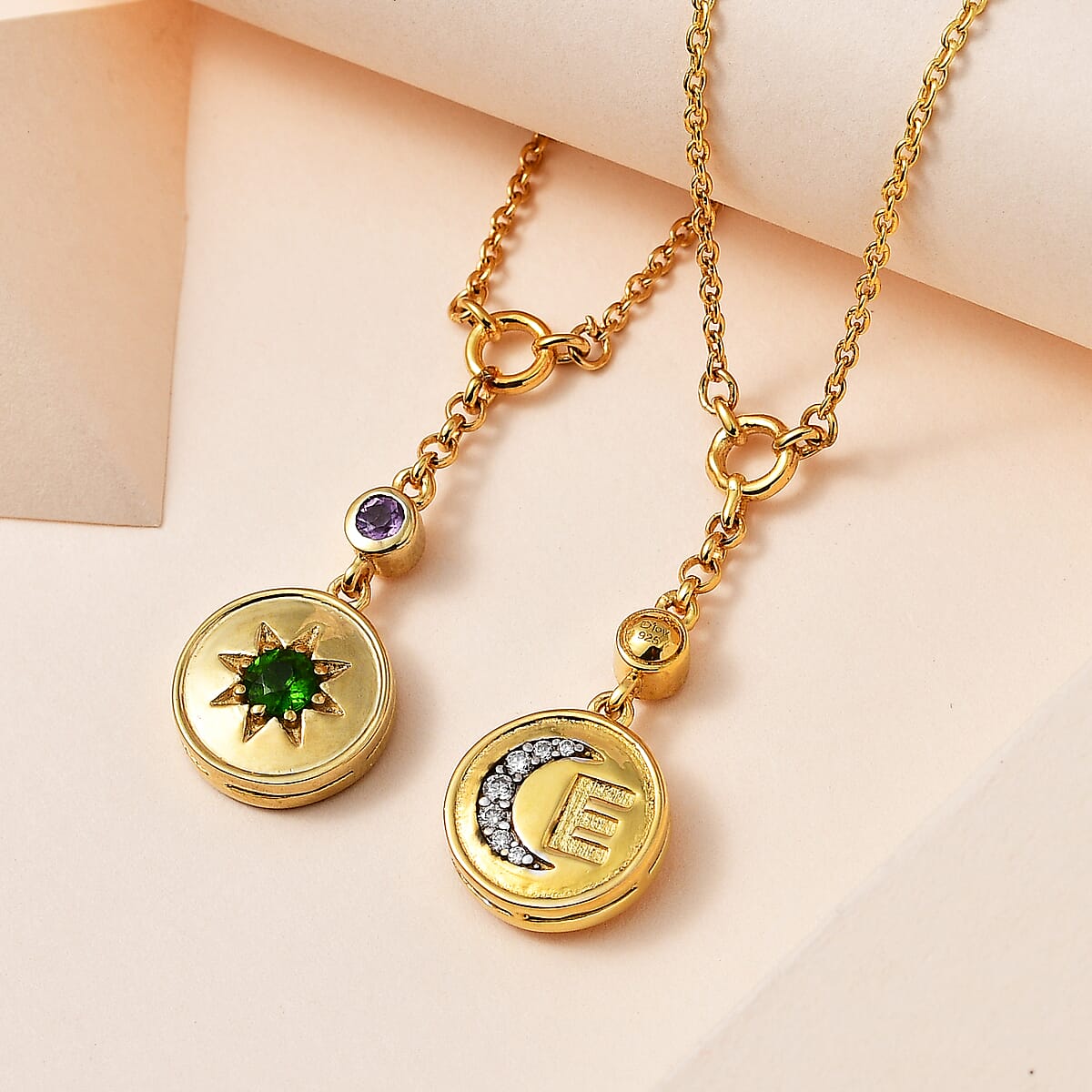 Chrome Diopside and Multi Gemstone Reversible Celesital E Initial Moon Coin Necklace 18 Inches in Vermeil Yellow Gold Over Sterling Silver 0.50 ctw image number 1